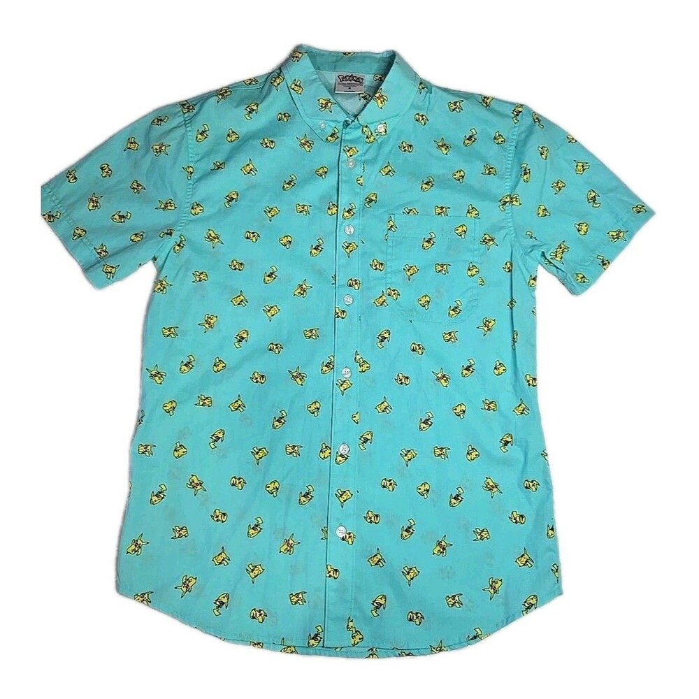 Pokemon Button Down Short Sleeve Shirt Pikachu All Over Print Blue Mens Small